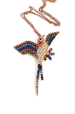 Renkli Zirkon Taşlı 925ayar Gümüş Üzerine Rose Altın Kaplama Tasarım Anka Kuşu Kolye