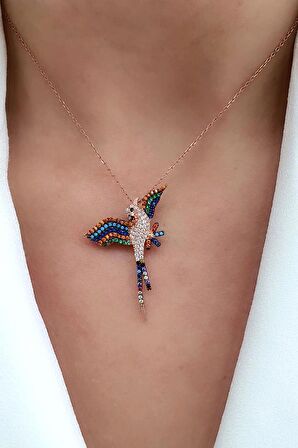 Renkli Zirkon Taşlı 925ayar Gümüş Üzerine Rose Altın Kaplama Tasarım Anka Kuşu Kolye