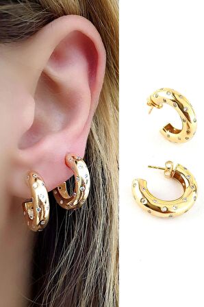 Zirkon Taş Detaylı 925ayar Gümüş Üzerine Altın Kaplama Luxury Tasarım Bombeli Halka Küpe