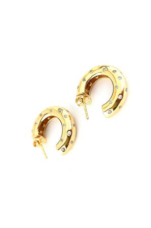 Zirkon Taş Detaylı 925ayar Gümüş Üzerine Altın Kaplama Luxury Tasarım Bombeli Halka Küpe