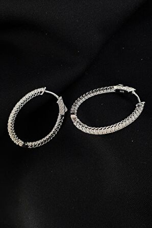 İci Dışı Zirkon Taşlı 925 ayar Gümüş Oval Halka Küpe