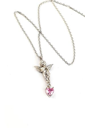 Pembe Zirkon Kalp Taşlı 925ayar Gümüş 3 boyutlu Tasarım Eros Aşk Meleği Kolye 