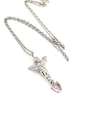 Pembe Zirkon Kalp Taşlı 925ayar Gümüş 3 boyutlu Tasarım Eros Aşk Meleği Kolye 