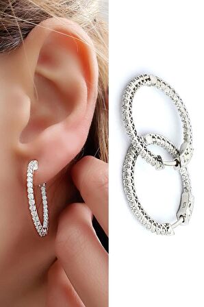 İci Dışı Zirkon Taş Detaylı 925ayar Gümüş İtalyan Tasarımı Halka Küpe 