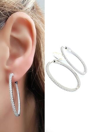 Ici dışı Zirkon Taş Detaylı 925ayar Gümüş Tasarım Halka Küpe çap 3.8 cm dir