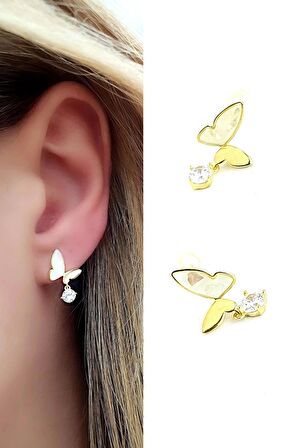 Sedef Taşlı 925ayar Gümüş Üzerine  Altın Kaplama El İşi Tasarım Kelebek Küpe 