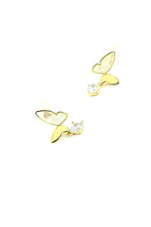 Sedef Taşlı 925ayar Gümüş Üzerine  Altın Kaplama El İşi Tasarım Kelebek Küpe 