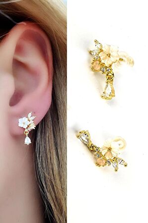 Sedef Taşlı El İşi Pembe kuvars taş detaylı 925ayar gümüş üzerine altın kaplama El işi tasarım Küpe