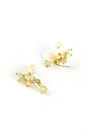 Sedef Taşlı El İşi Pembe kuvars taş detaylı 925ayar gümüş üzerine altın kaplama El işi tasarım Küpe