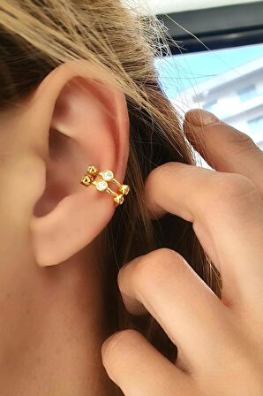 Zirkon Taş Detaylı 925ayar Gümüş Üzerine Altın Kaplama Tasarım Sıkıştırmalı Earcuff Kıkırdak Küpe