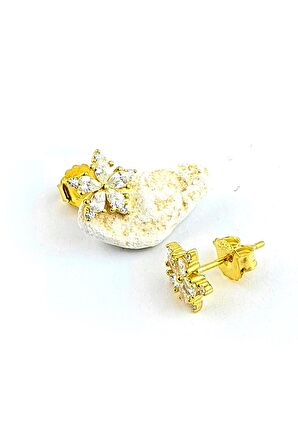 Pırlanta Parlaklığında Zirkon Taşlı 925ayar Gümüş Üzerine Altın Kaplama Lotus Çiçeği Küpe