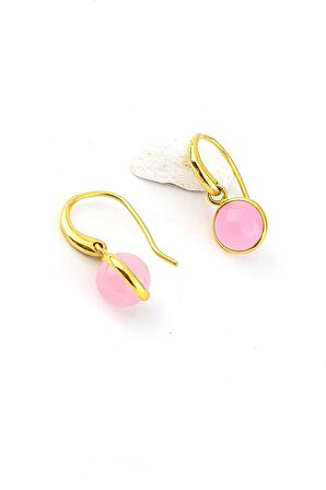 Pembe kuvars Taşlı 925ayar Gümüş Üzerine Altın Kaplama Sallantılı Top Küpe
