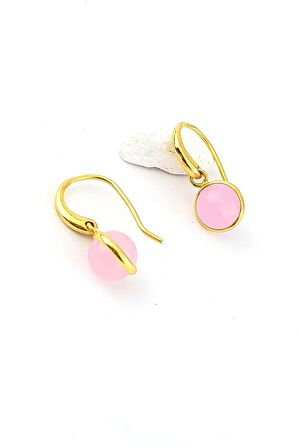 Pembe kuvars Taşlı 925ayar Gümüş Üzerine Altın Kaplama Sallantılı Top Küpe