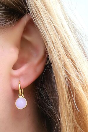 Pembe kuvars Taşlı 925ayar Gümüş Üzerine Altın Kaplama Sallantılı Top Küpe