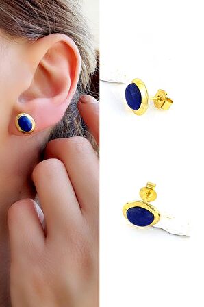 Lapis lazuli Taşlı 925ayar Gümüş Üzerine Altın Kaplama Tasarım Doğal Taş Minimal oval  Küpe
