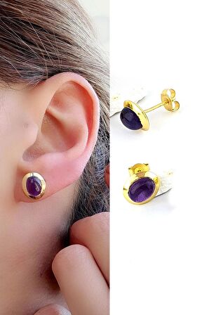 Ametist  Taşlı 925ayar Gümüş Üzerine Altın Kaplama Tasarım Doğal Taş Minimal oval  Küpe