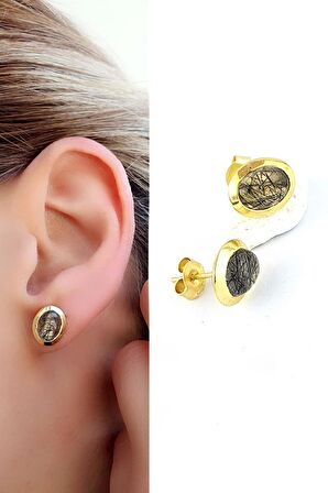 Rutil kuvars  Taşlı 925ayar Gümüş Üzerine Altın Kaplama Tasarım Doğal Taş Minimal oval Küpe 