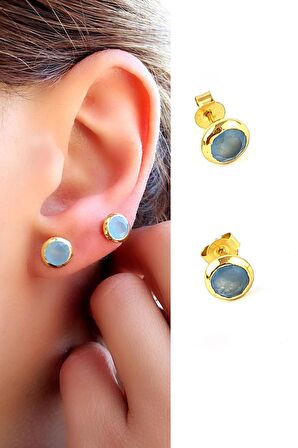 Kalsedon Taşlı 925ayar Gümüş Üzerine Altın Kaplama Tasarım Doğal Taş Minimal Küpe