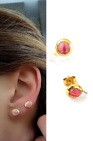 Pembe Turmalin Taşlı 925ayar Gümüş Üzerine Altın Kaplama Tasarım Doğal Taş Minimal Küpe