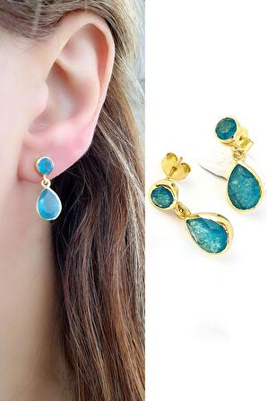 İşlenmemiş Aquamarin Taşlı 925ayar Gümüş Üzerine Altın Kaplama Tasarım Doğal Taş Damla Küpe 