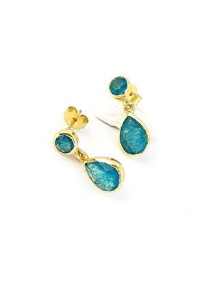 İşlenmemiş Aquamarin Taşlı 925ayar Gümüş Üzerine Altın Kaplama Tasarım Doğal Taş Damla Küpe 