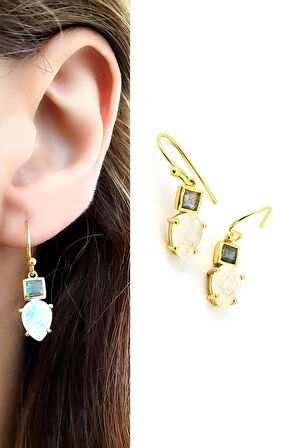 Labrodorite ve Ay taşlı 925ayar gümüş üzerine altın kaplama tasarım Doğal Taş Küpe 