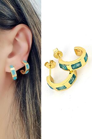 İşlenmemiş Aquamarin Taşlı 925ayar Gümüş Üzerine Altın Kaplama Tasarım Doğal Taş YarIm Halka Küpe