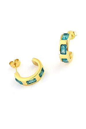 İşlenmemiş Aquamarin Taşlı 925ayar Gümüş Üzerine Altın Kaplama Tasarım Doğal Taş YarIm Halka Küpe