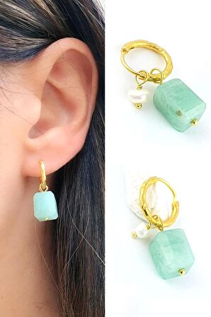 Amazonit ve İncili 925ayar Gümüş Üzerine Altın Kaplama Tasarım Minimal Halka Küpe