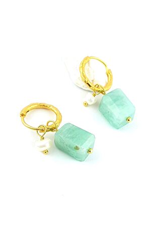 Amazonit ve İncili 925ayar Gümüş Üzerine Altın Kaplama Tasarım Minimal Halka Küpe