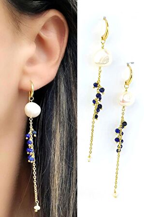 Barok incili Lapis Lazuli Taşlı 925ayar Gümüş Üzerine Altın Kaplama Tasarım Doğal Taş Küpe