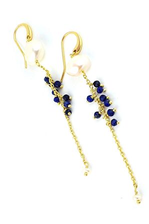 Barok incili Lapis Lazuli Taşlı 925ayar Gümüş Üzerine Altın Kaplama Tasarım Doğal Taş Küpe