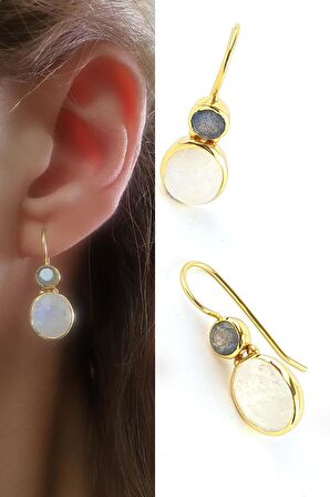 Labrodorite Ay Taşlı 925ayar Gümüş Üzerine Altın Kaplama Tasarım Doğal Taş Küpe 