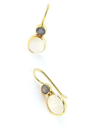 Labrodorite Ay Taşlı 925ayar Gümüş Üzerine Altın Kaplama Tasarım Doğal Taş Küpe 