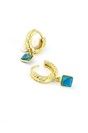 Turkuaz Taşlı 925ayar Gümüş Üzerine Altın Kaplama Tasarım Doğal Taş Minimal Sallantili halka küpe 