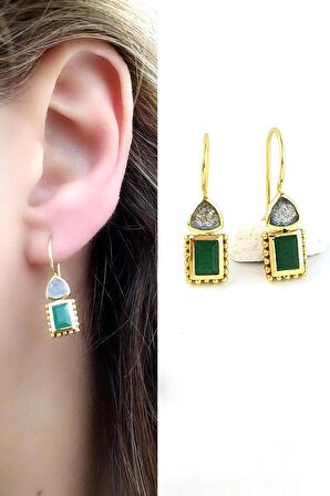 Labrodorite Kök zümrüt taşlı 925ayar gümüş üzerine altın kaplama tasarım Doğal Taş Küpe 