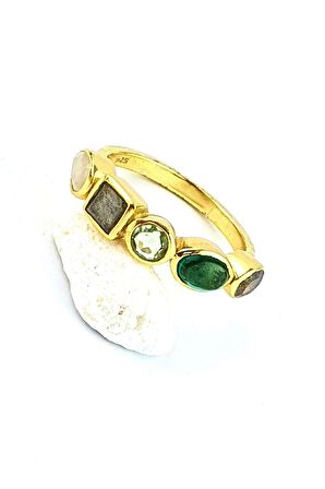 Dumanlı kuvars pembe kuvars labrodorite  sitrin Taşlı 925ayar Gümüş Üzerine Altın Kaplama Tasarım Doğal Taş Yüzük