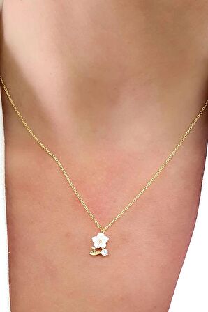 Sedef Taşlı El İşi 925ayar Gümüş Üzerine Altın Kaplama Manolya Kolye