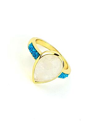 Ay taşı ve İşlenmemiş Turkuaz Taşlı 925ayar Gümüş Üzerine Altın Kaplama Tasarım Doğal Taş Damla Yüzük