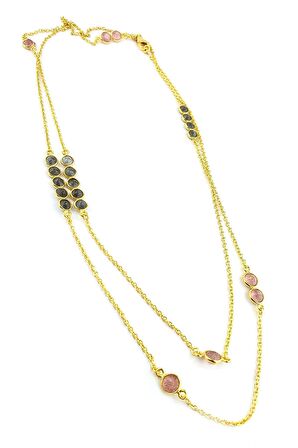 Pembe kuvars ve Labrodorite Taşlı 925ayar Gümüş Üzerine Altın Kaplama Tasarım Doğal Taş Uzun Zincir Kolye