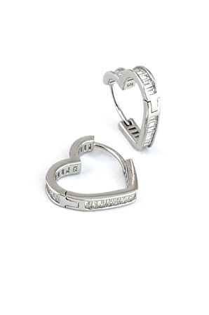 Baget Zirkon Taş Detaylı 925 Ayar Gümüş İtalyan Kalp Şeklinde Halka Küpe