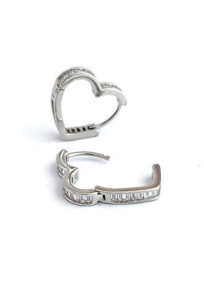 Baget Zirkon Taş Detaylı 925 Ayar Gümüş İtalyan Kalp Şeklinde Halka Küpe