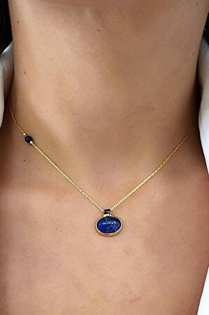 Lapis Lazuli Taslı 925 ayar Gumus uzerıne altın kaplama tasarım Dogal tas kolye 