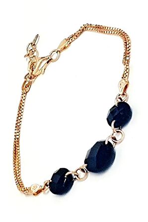 Siyah Oniks Taşlı İtalyan Tasarımı 925 Ayar Gümüş Rose Bileklik