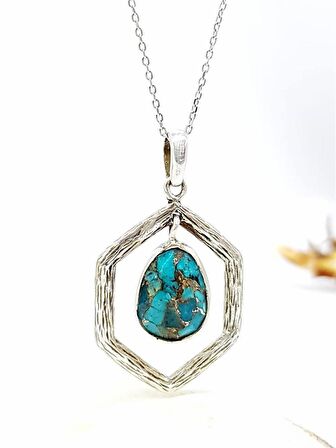 Doğal Turkuaz Taşlı 925 Ayar Gümüş Tasarım Kolye