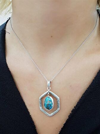 Doğal Turkuaz Taşlı 925 Ayar Gümüş Tasarım Kolye