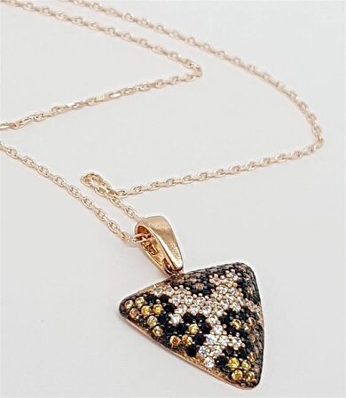Leopard Desenli Gumus Rose  Ucgen Kolye