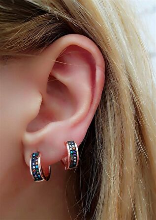 Renkli Taşlı İtalyan Gümüş Rose Halka Küpe