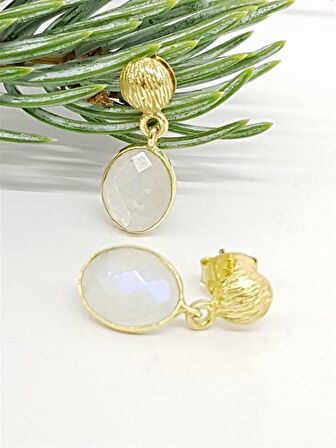 Doğal Ay Taşı Tasarım Gümüş Küpe