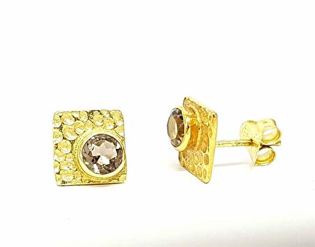 Dumanlı Kuvars Taşlı Gümüş Altın Kaplamalı Tasarım  Küpe